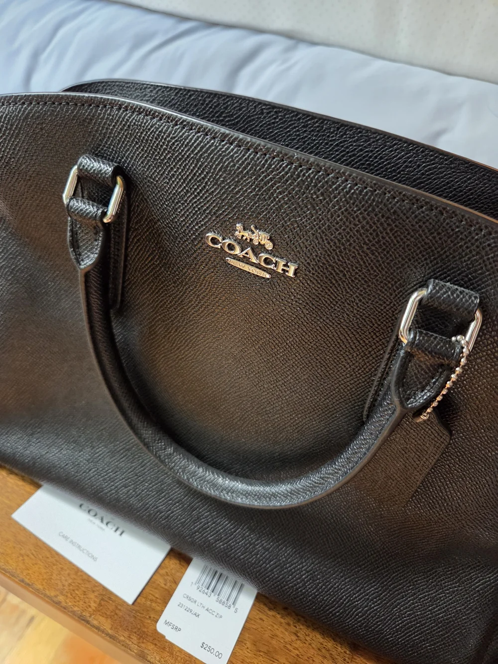 Coach Black Saffiano Leather Satchel with Silver Chain Strap